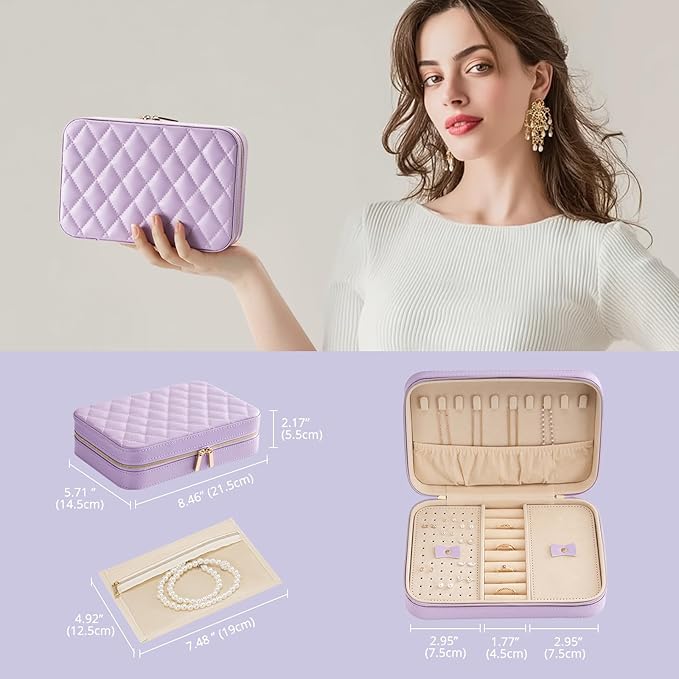 Lolalet Travel Jewelry Case for Women, Travel Jewelry Organizer Box with Mirror & Clear Storage Bag, Small Portable Traveling Earring Necklace Bracelet Ring Case, Bridesmaid Gifts -Medium, Purple