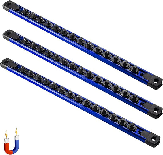 ALOANES 3-Piece Magnetic Socket Organizer, Heavy Duty Aluminum Socket Rails Organizer, 360° Swivel Clips Socket Holder Kit for Tool Box, 1/4-Inch Socket Holder x 42 Clips (Blue)