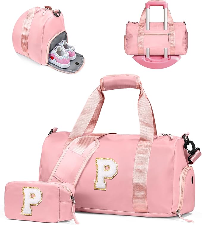 Easter Basket Stuffers Gifts for Kids-Girl Gym Bag with Shoe Compartment, Kid Personalized Weekender Overnight Bags, Initial Travel Tote with Makeup Pouch, Valentines Day Gift (Letter P)