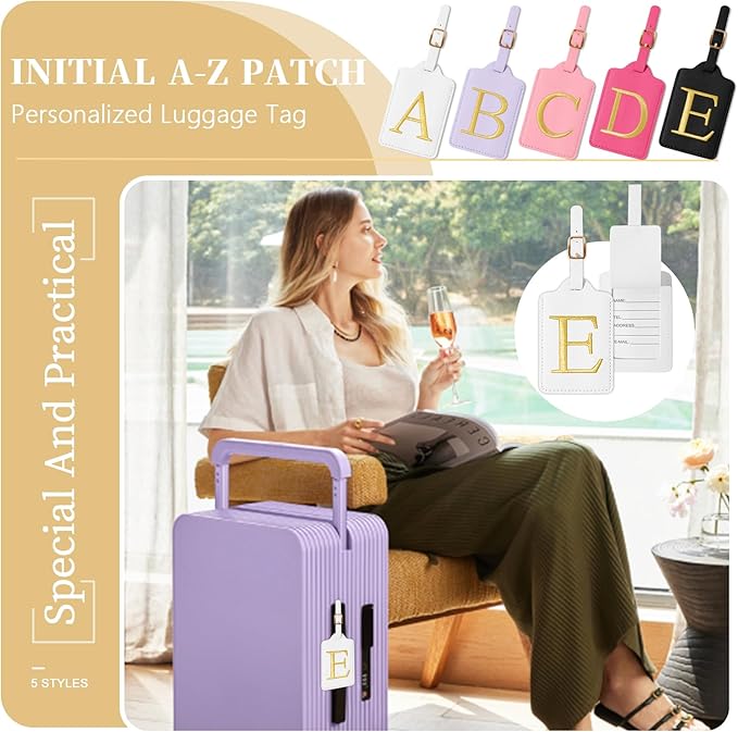 Personalized Initial Luggage Tags for Suitcase TSA Approved, White Leather Cute Luggage Tag with Privacy Cover Name Card, Embroidered Custom Luggage Tags Travel Baggage Tags Gifts for Women Kids(E)