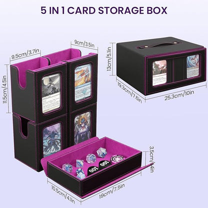 Card Deck Box for MTG with Commander Display, 5 in 1 Card Storage Box Fits 400+ Double-sleeved Cards, Deck Case for TCG Sports Cards with Dividers, Dice Tray, Magnetic Card Holders, Black Purple