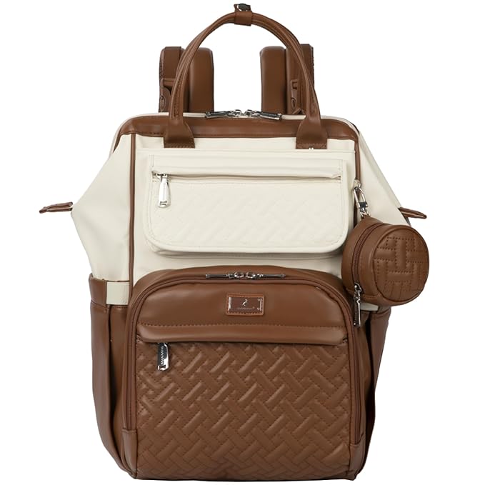 BabbleRoo Leather Diaper Bag Backpack, Multifunction Large Bags with Changing Pad & Stroller Straps & Pacifier Case, Unisex Stylish Travel Back Pack Nappy Changing Bag for Moms Dads (Coffee Cream)