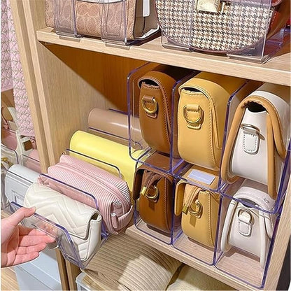 LUGUNU Clear Acrylic Purse Organizer - 3-Section Divider for Handbag Closet Storage - Durable Rack for Purses, Clutches More (Set of 4)