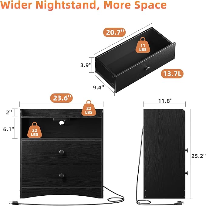 2 Pack Nightstand with Charging Station and LED Light, Modern Nightstand with USB Ports and Outlets, Wooden Bedside Table with 2 Storage Drawers, Small Dresser for Bedroom Small Space, Black