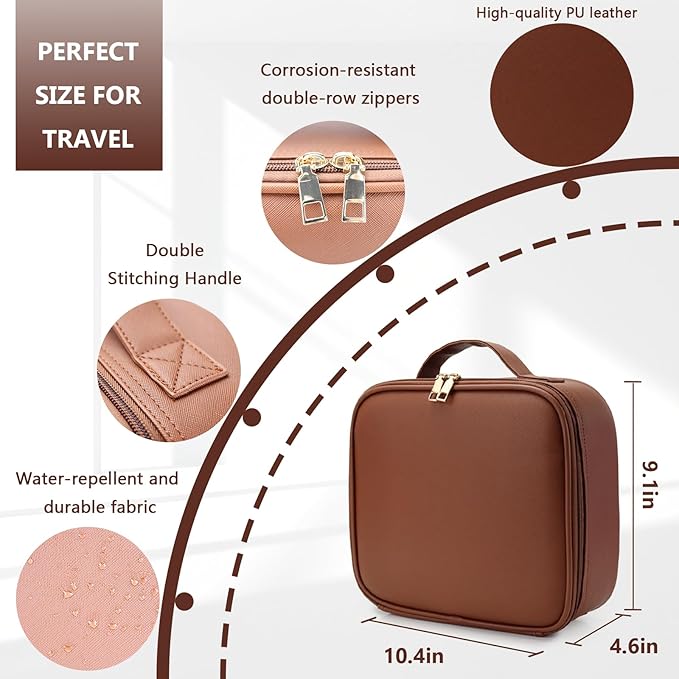 Travel Makeup Bag for Women and Makeup Artists Cosmetic Organizer Large Makeup Case,Travel Makeup Bag with Mirror 3 Color Setting,Portable Storage and Adjustable Dividers(Dark brown)