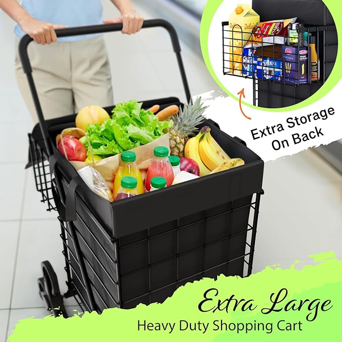 Shopping Cart w/Waterproof Basket Liner & 360° Swivel Wheels | Foldable Collapsible & Lightweight | Perfect for Groceries Laundry Utility Cart - Black