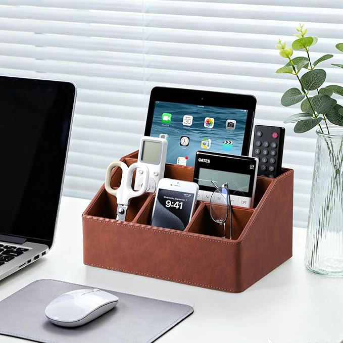 Remote Control Holder with 5 Compartments for Office Art Supplies, PU Leather Nightstand Organizer Pencil Pen Desk Caddy for Home, Desktop TV Remote Control Organizer Storage (Brown)