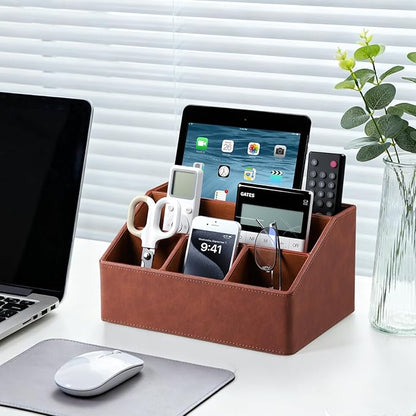 Remote Control Holder with 5 Compartments for Office Art Supplies, PU Leather Nightstand Organizer Pencil Pen Desk Caddy for Home, Desktop TV Remote Control Organizer Storage (Brown)