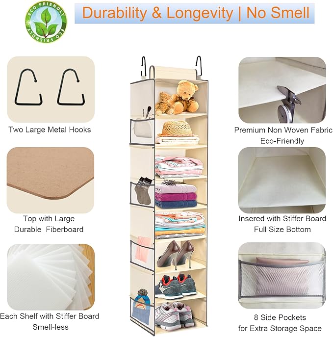 Large-Sized Hanging Shoe Organizer 8-Shelf, Hanging Closet Organizer with 8 Side Pockets, Wider Hanging Shelves for Storage Shoes Clothes 9" W × 11.8" D× 48" H, Beige.