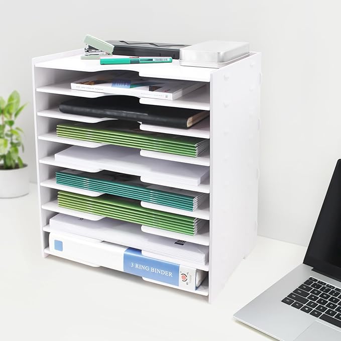 SONGWAY File Organizer for Desk - 9 Tier Wide Document Holder, Letter Mail Tray Storage Rack, File Sorter Organizer, Paper Storage Holder, Desktop Organizer for Home Office School, White