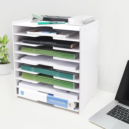 SONGWAY File Organizer for Desk - 9 Tier Wide Document Holder, Letter Mail Tray Storage Rack, File Sorter Organizer, Paper Storage Holder, Desktop Organizer for Home Office School, White