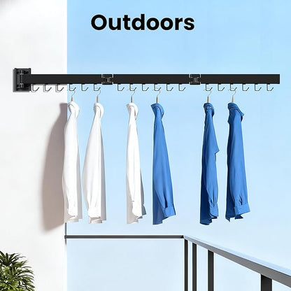 Clothes Drying Rack Wall Mounted, Retractable Collapsible(Tri-Fold) Space Saver, Black with 18 Hooks for Laundry Room Organization Apartment Balcony Bathroom