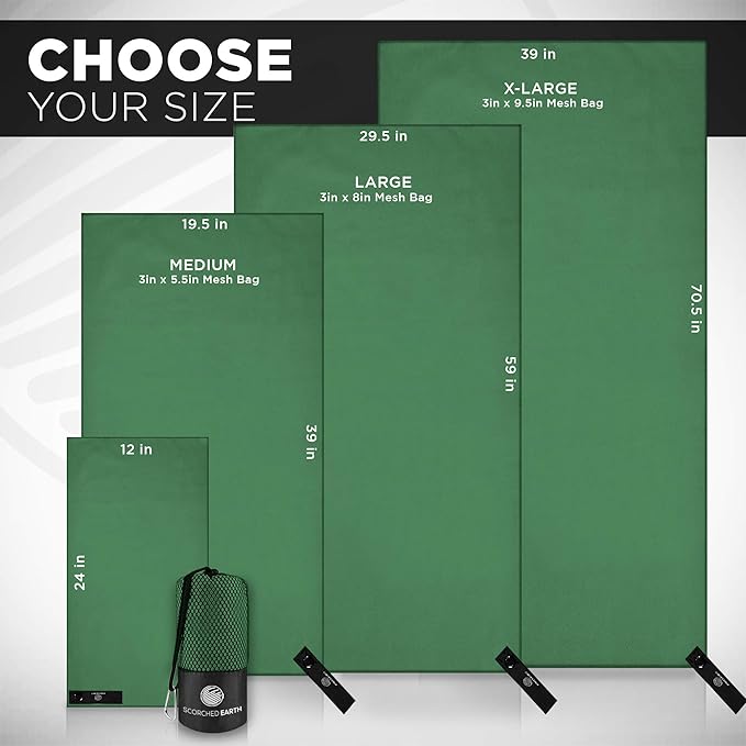 ScorchedEarth Microfiber Travel & Sports Towel Set (Evergreen) - XL Set (39x70.5 & 12x24)