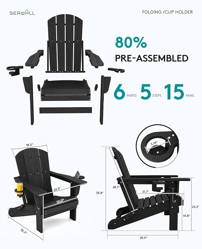 SERWALL HDPE Folding Adirondack Chair with Dual Cup Holder - Composite Adirondack Chair Set of 2- Black