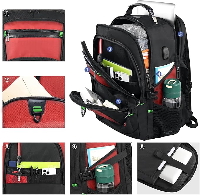 Z-MGKISS 52L Extra Large Laptop Backpack, Travel Computer Bag with USB Port, TSA-Approved Business Rucksack for Men Women, Heavy Duty Backpack Fits 17.3 Inch Laptop & Notebook, Red