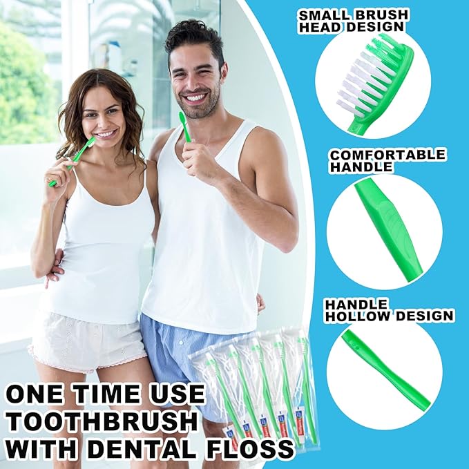 Disposable Toothbrushes with Toothpaste and Floss,100Pcs Green Single Use Individually Wrapped Disposable Travel Toothbrushes and Dental Floss Kit Bulk for Homeless,Airbnb,Hotel,Dentist