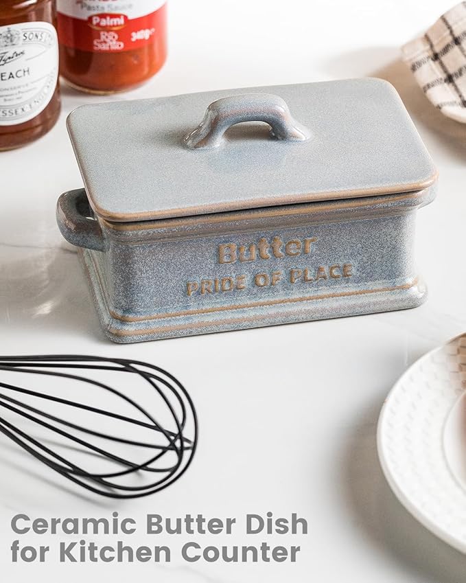 Butter Dish with Lid, Ceramic Butter Holder Container Large Butter Dish for Countertop Farmhouse Thanksgiving Christmas Decor Butter Keeper for East West Coast Butter, Gray