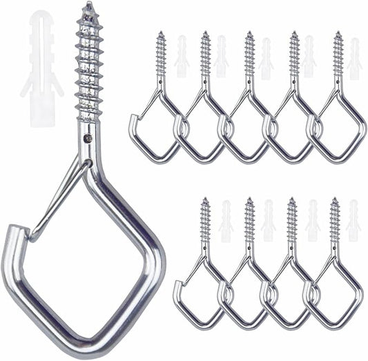10 PCS Eye Screw Hooks for Hanging Heavy Duty with Safety Buckle.Metal Ceiling Hooks for Hanging Plants,Cup,Wind Chime,Bird Feeders,christmas String Lights at Indoor&Outdoor,2.36 Inch(No Drill Bit)