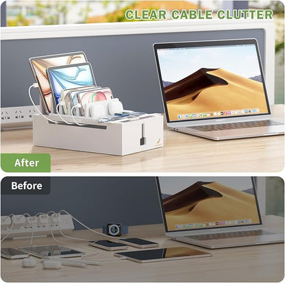 Pezin & Hulin Bamboo Charging Station for Multiple Devices, USB Charger Dock Organizer, with Power Supply (10 Ports HUB), 6 Cables, Cable Management Organizer for Cell Phones, Tablets -White