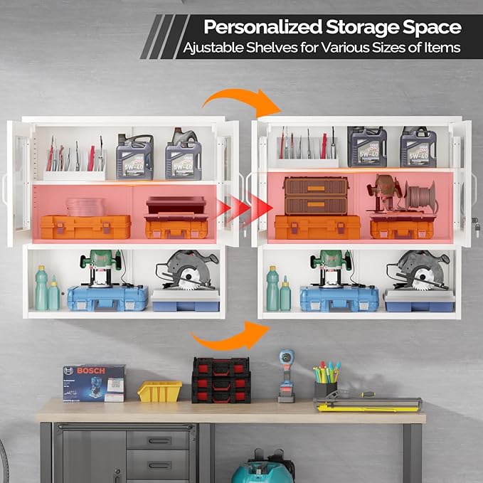 VINGLI Metal Wall Cabinet with Locking Glass Doors & Magnetic LED Sensor Light, Adjustable Shelf, Wall Mounted Storage Display Cabinets for Garage, Kitchen, Home Office, Warehouse, Living Room, White