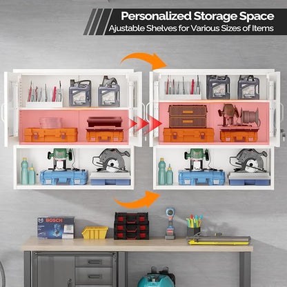 VINGLI Metal Wall Cabinet with Locking Glass Doors & Magnetic LED Sensor Light, Adjustable Shelf, Wall Mounted Storage Display Cabinets for Garage, Kitchen, Home Office, Warehouse, Living Room, White