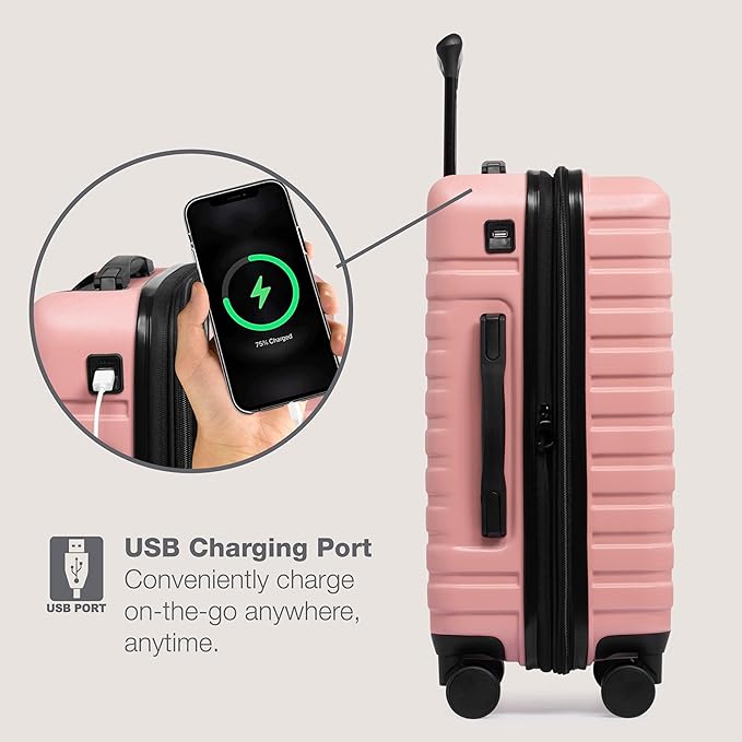 U.S. Traveler Boren Polycarbonate Hardside Rugged Travel Suitcase Luggage with 8 Spinner Wheels, Aluminum Handle, Pink, Carry-on 22-Inch, USB Port