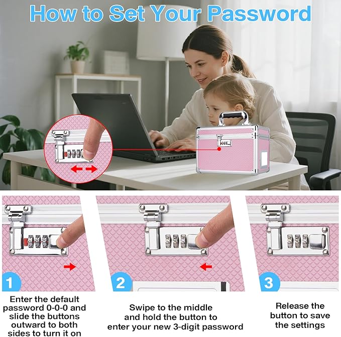 13.4 x 8 x 8.7 Inch Lockable Storage Box with Combination Lock, Portable Safe for Documents, Medicine, Cash & Valuables, Medicine Lock Box with Label Slot for Home, Office & Travel - Pink