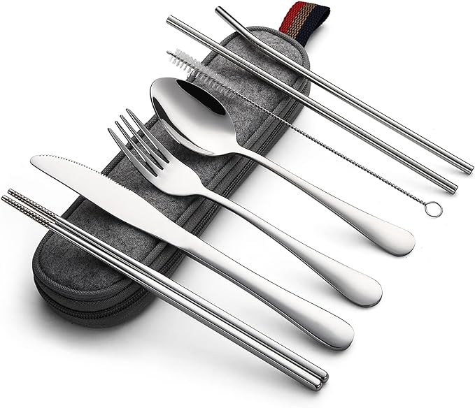 DEVICO Portable Utensils, Travel Camping Cutlery Set, 8-Piece including Knife Fork Spoon Chopsticks Cleaning Brush Straws Portable Case, Stainless Steel Flatware set (Silver)