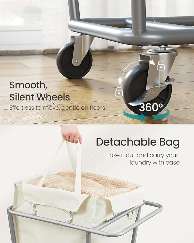 SONGMICS Laundry Basket with Wheels, 34.3 Gallons (130 L) Rolling Laundry Hamper with Removable Bag, Heavy-Duty Steel Frame, Cream White URLS008W01