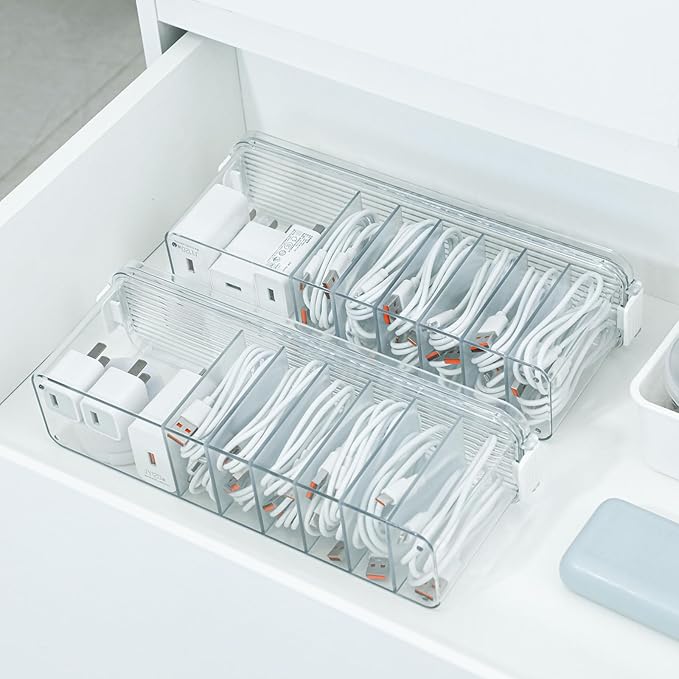Yesesion 2 Pack Cord Organizer Box with Lid, Clear Desk Drawer Accessories Storage Case for Home Office Supplies, Art Crafts, Phone Charger, USB Cables, Marker Pen, Pencil Holder