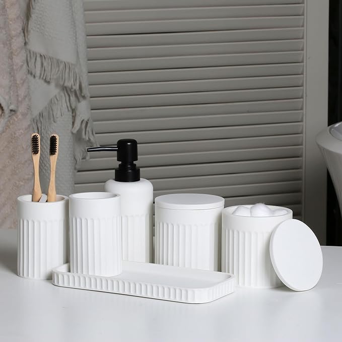 Bathroom Accessory Set - 6 Pieces Bathroom Accessories Set Complete with Soap Dispenser, Toothbrush Holders, Tumbler, Vanity Tray and 2 Qtip Holder for Home Organizer and Decor, White