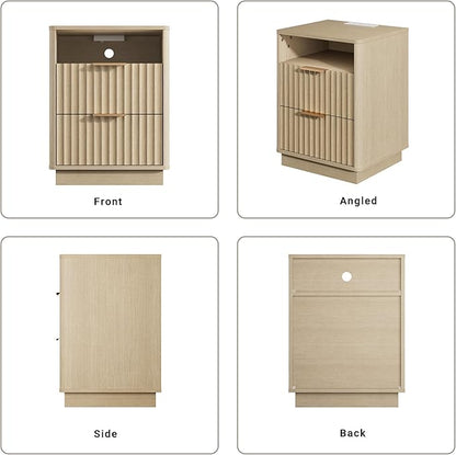 Fluted Nightstand with Charging Station, 18" Mid-Century Modern Night Stand, 2 Drawers End Table with Storage, Bedside Table for Bedroom Sofa Home Office, Curved Profile (Natural Oak)