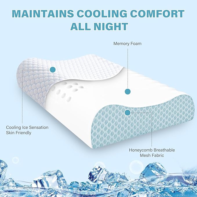 Neck Pillow Memory Bed Foam Pillows - Neck Support Pillow for Pain Relief, Ergonomic Cervical Pillow for Sleeping, Orthopedic Contour Bed Pillow for Side, Back, Stomach Sleepers,Blue