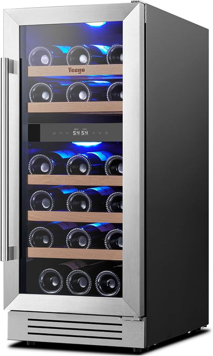Yeego Wine Fridge Cooler - 15 Inch Dual Zone Wine Fridge Hold 28 Bottles, 40-65°F Wine Refrigerator Glass Door, Built in, Freestanding Under Counter Fridge for Beer Soda Drink Home Bar Office