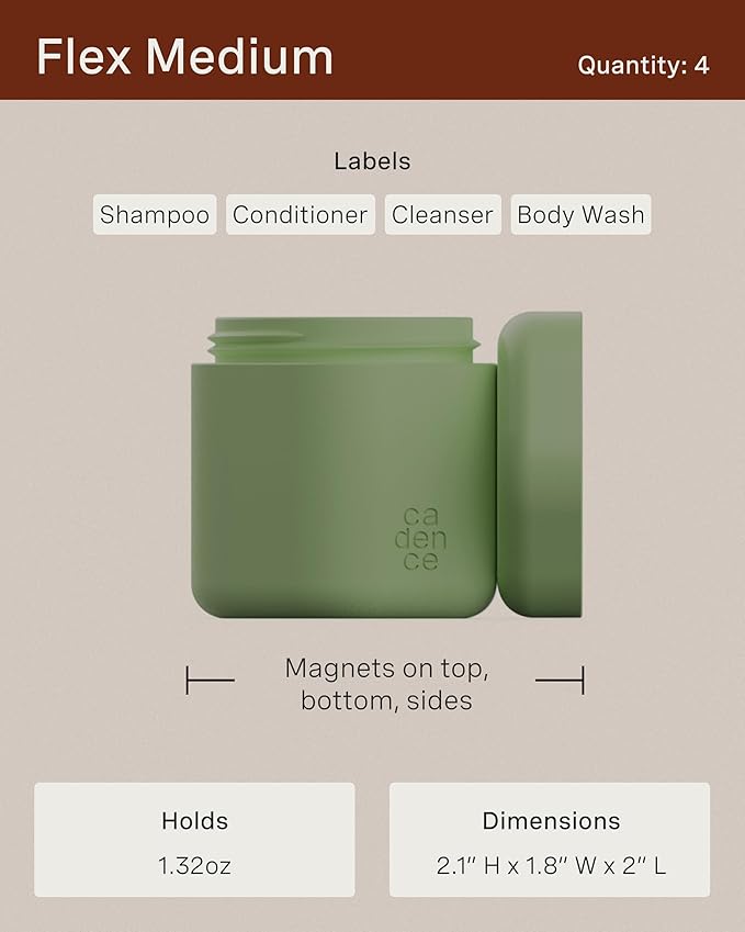 Cadence Travel Containers - Daily Routine Capsule Set - Magnetic Containers with Lids,4 Flex Mediums (1.32oz) & 3 Flex Smalls (0.56oz) - Shampoo, Conditioner, Body Wash, Pills, & More - Charcoal