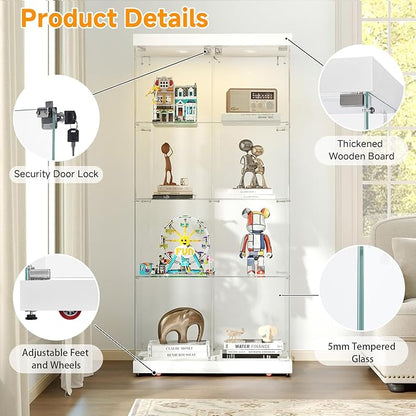 Tempered Glass Display Cabinet with Lights, 4-Tier Curio Cabinet with Glass Doors Wheels Two Locks, Glass Display Case for Collectibles for Living Room, Bedroom, Office, White, Double Door