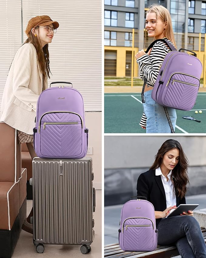 LOVEVOOK Laptop Backpack Purse for Women, Work Travel Computer Bags, College School Backpack for Student Girl, Quilted Casual Daypack with USB Port, Fit 15.6 Inch Laptop, Purple