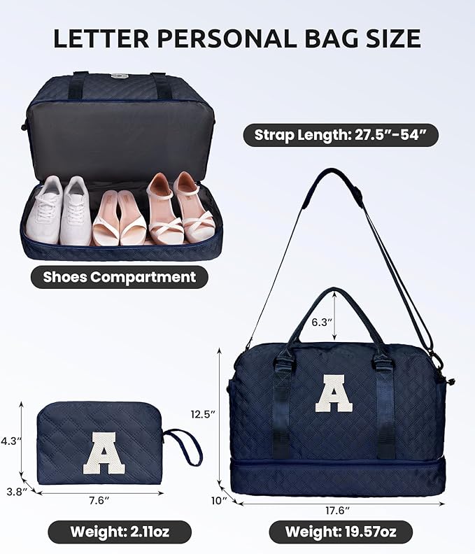 Gifts for Teen-Girls-Initial Duffle Bag with Shoe Compartment, Personalized Weekender Bag, Monogram Overnight Bag, Travel Bag with Makeup Bag，Birthday Gift Graduate Gifts for Her (Letter H)