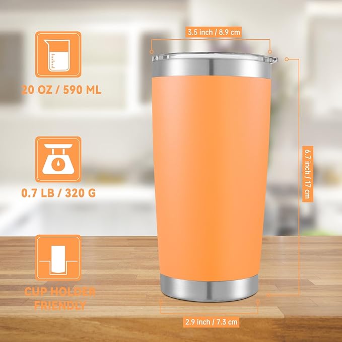 20 oz Tumblers Bulk Stainless Steel Tumbler with Lid Double Wall Vacuum Insulated Coffee Mug 20oz Powder Coated Cup for Hot and Cold Drinks, Orange, 12 pack