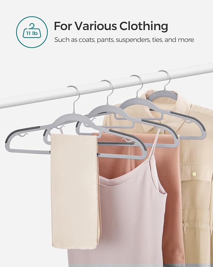 SONGMICS Pack of 50 Coat Hangers, Space-Saving Plastic Clothes Hangers, Non-Slip, 0.2 Inches Slim, 16.5 Inches Wide, 360° Swivel Silver Hook, Light Gray and Dark Gray UCRP20G50