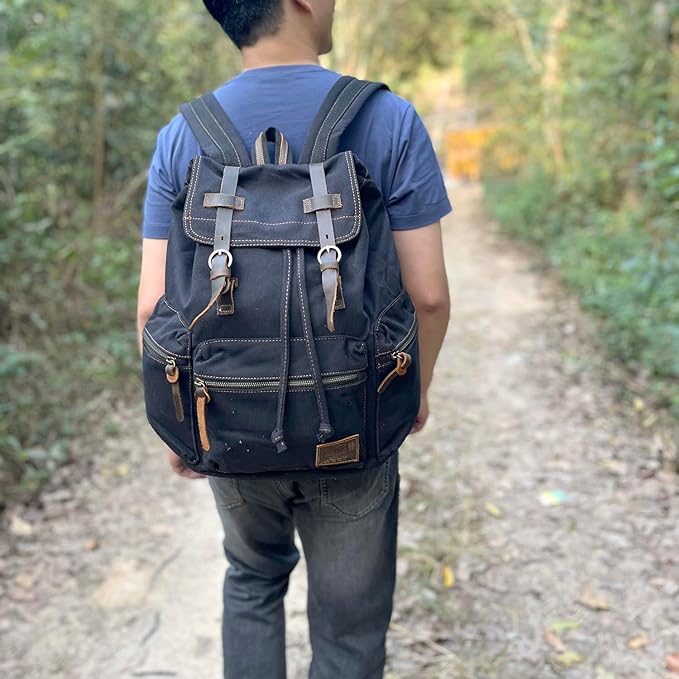 AUGUR High Capacity Canvas Vintage Backpack - for Hiking Travel 12-15" Laptop Backapcks for Men Casual Daypacks School bag Rucksack (M-Black)