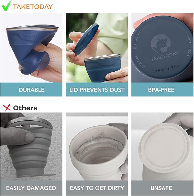 TakeToday Collapsible Travel Cup - Silicone Foldable Water Cup, BPA-Free with Lid & Waterproof Bag - Drinking Cup Set for Camping, Outdoors & International Travel（8 Oz, Navy）