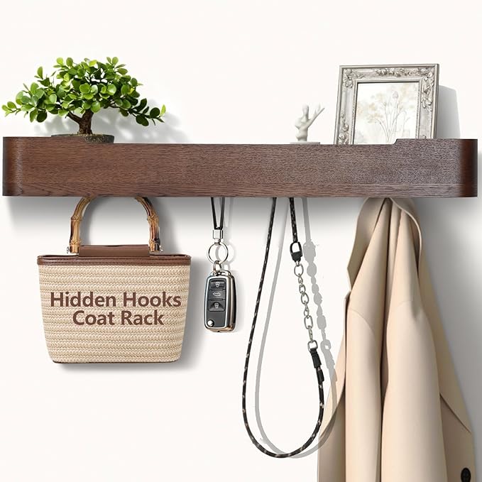 Coat Rack Wall Mount with Hidden Hooks Modern Key Holder Wood Entryway Hook with Shelf for Bedroom Kitchen Hallway Bathroom Designed for Hanging Coats Hats Bags Towel Dog Leashe(Walnut,8 Hooks)