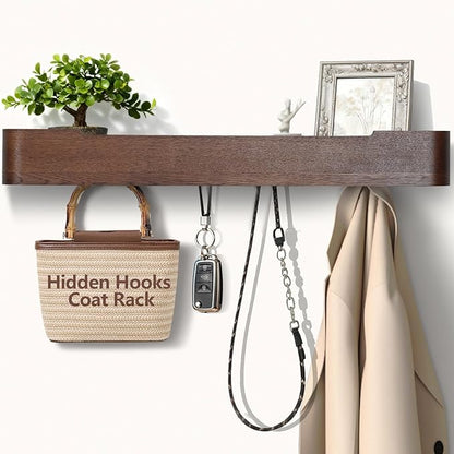 Coat Rack Wall Mount with Hidden Hooks Modern Key Holder Wood Entryway Hook with Shelf for Bedroom Kitchen Hallway Bathroom Designed for Hanging Coats Hats Bags Towel Dog Leashe(Walnut,8 Hooks)
