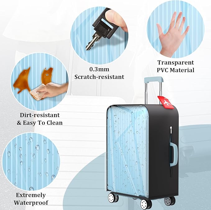 Upgraded Elastic Suitcase Covers for Luggage - Stretchable Black Cloth + Clear TPU, Fit 22 Inch Travel Suitcase, Waterproof & Anti-Scratch, Includes Free Red Luggage Tag