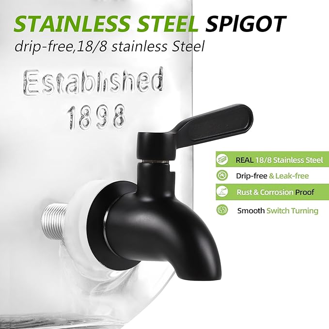 1 Gallon Drink Dispenser with Spigot 18/8 Stainless Steel – Airtight & Leakproof Glass Sun Tea Jar with Anti-Rust Lids, Beverage Dispenser for Parties (Black)