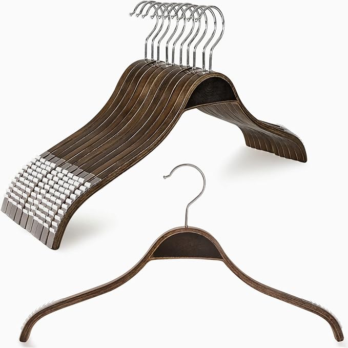 TOPIA HANGER Slim Wooden Hangers with Extra Soft Non-Slip Rubber Grips, 10-Pack High-Grade Fashion Hanger No Shoulder Bump for Sweater, Camisole, Jacket, Dress, Coat (Antique) -CT15A