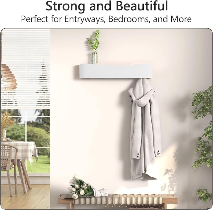 Coat Rack Wall Mount with Hidden Hooks Modern Key Holder Wood Entryway Hook with Shelf for Bedroom Kitchen Hallway Bathroom Designed for Hanging Coats Hats Bags Towels Dog Leashe(White,5 Hooks)