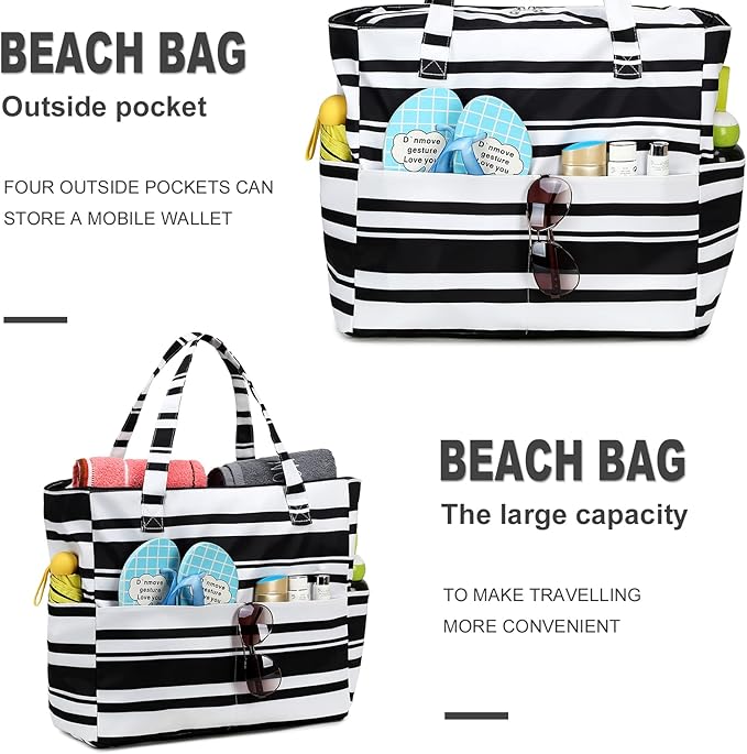 LEDAOU Large Beach Tote Bag Women Waterproof Sandproof Zipper Beach Tote Bag for Pool Gym Grocery Travel with Wet Pocket
