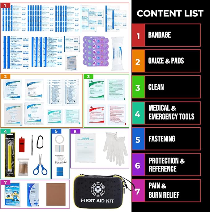 Premium First Aid Kit - 305 Piece Dual-Color Emergency Kit with Hard Shell & Fluorescent Interior Coating, Compact Survival Kit for Home, Car, Travel, Hiking & Outdoor (Black/Yellow)